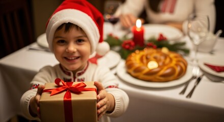 Happy young boy in a Santa hat holding a Christmas gift at a festive holiday dinner table with traditional braided bread and candle