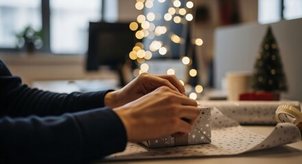 Close-up of hands wrapping a Christmas gift with festive lights and a small tree in the background, preparing for the holiday season