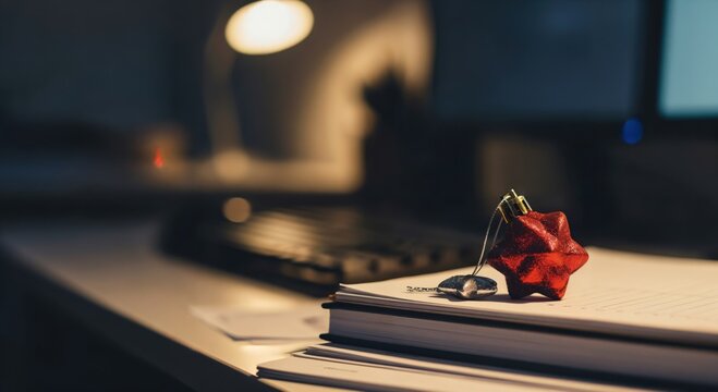 Festive red star Christmas ornament resting on a stack of books on a dimly lit office desk, symbolizing holiday work and season - Powered by Adobe