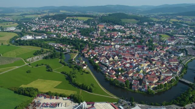 Aerial view of the old town and city  Cham in Germany, Bavaria on a sunny noon spring day