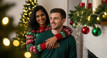 Happy young multiethnic couple, a South Asian woman and a Caucasian man, embracing and smiling in festive Christmas sweaters by a decorated fireplace and tree