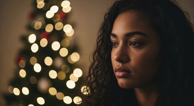 Pensive young biracial woman with dark curly hair looking away, with a blurred festive Christmas tree in the background, evoking feelings of quiet contemplation during the holiday season.