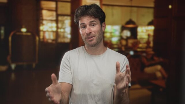 Man gesturing with open hands in a hotel building lobby, white t shirt and open posture; casual conversation friendly.