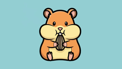 Cute cartoon hamster holding a sunflower seed against a light blue background, playful and whimsical