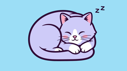 Fototapeta premium Cartoon illustration of a sleeping purple cat curled up on a light blue background, evoking calmness