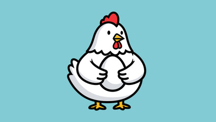 Cartoon chicken holding an egg against a light blue background, symbolizing fertility and farm life