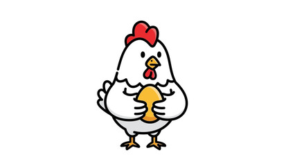 Cartoon chicken holding an egg, isolated on white background, suitable for children's illustrations