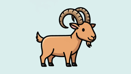 Cartoon illustration of a goat with curved horns standing against a light blue background