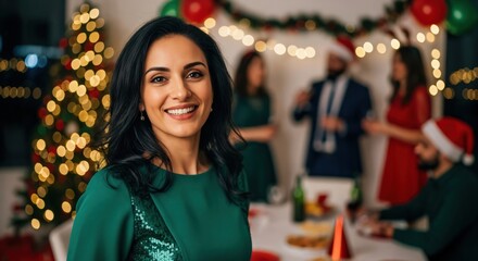Happy young adult woman in a green sequin dress smiling at a festive Christmas holiday party with friends and sparkling lights