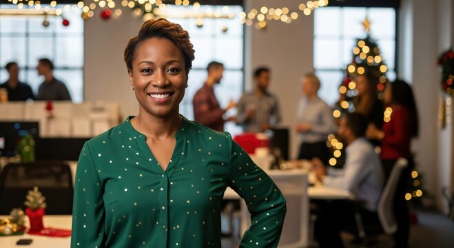 Smiling African American businesswoman in a green polka dot blouse standing confidently in a modern office decorated for Christmas holidays with colleagues in the background - Powered by Adobe