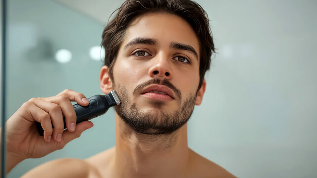 Handsome young man grooming beard with electric trimmer in bathroom. Personal hygiene and male skincare concept showing modern self care routine and healthy lifestyle. - Powered by Adobe