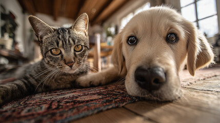 Playful cat and dog companionship cozy living room pet photography warm home close-up friendship