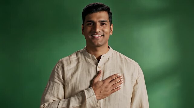 Video Portrait of a Man in Beige Kurta With Heart Gesture On Green Screen.