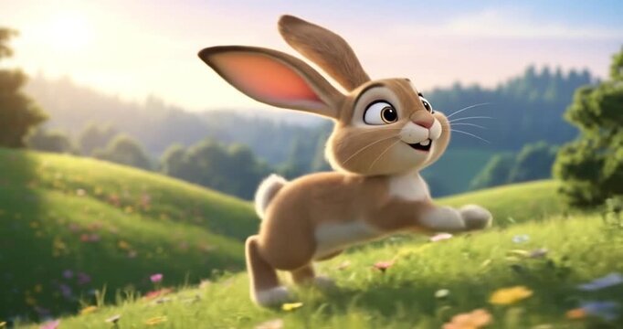 Playful bunny hopping through a colorful meadow filled with flowers under a sunny sky