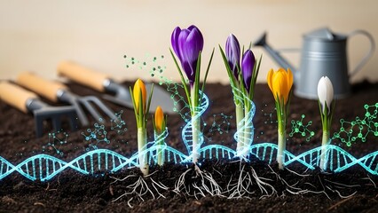Macro Spring Crocuses with Bioluminescent DNA Strands in Bokeh Garden
