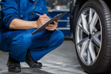 Car maintenance inspection, mechanic checking tire, dark background, workshop