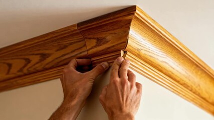 Medium shot capturing hands fitting rich wood crown molding emphasizing natural grain texture and warm elegance at the ceilingwall junction