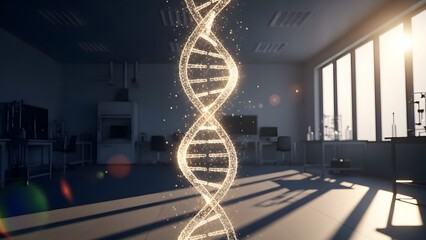 Translucent Double DNA Helix with Golden Light in Laboratory