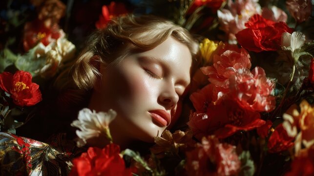 Serene in Petals: A woman with closed eyes is surrounded by vivid red roses, embodying peace and tranquility amidst a flourishing floral bed.