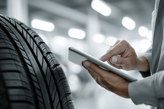 Car maintenance inspection, mechanic checking tablet, gray background, copy space