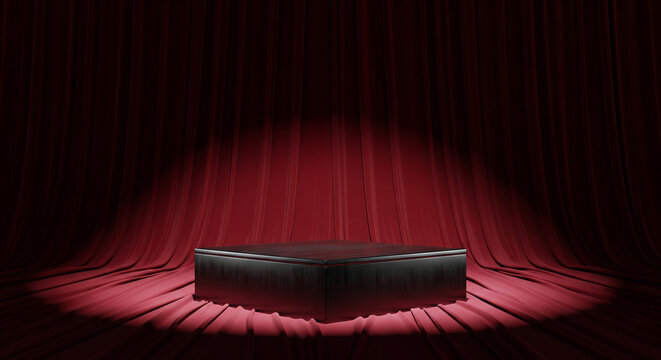 A podium for product advertising on a background of red fabric with soft folds
