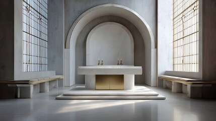 Empty chapel altar in dove white and aged bronze, serene minimalist interior design evoking spiritual calm.