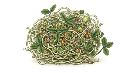 Intricate tangled wire brooch with green clovers and gemstones on a white background.