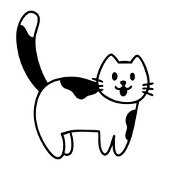 Cheerful standing cat with lifted tail in a playful outline style. Hand drawn vector isolated illustration.