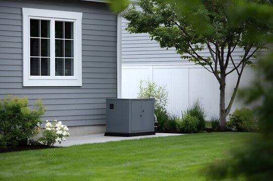 Compact residential backup generator neatly installed beside home, reliable emergency power solution for families everywhere.