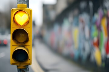 Yellow Traffic Light with Urban Graffiti Wall in Background: Urban Street Photography with Bold Colors