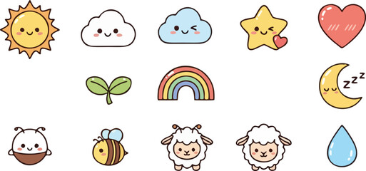 Cute cartoon vector set of fire icons with funny animal faces