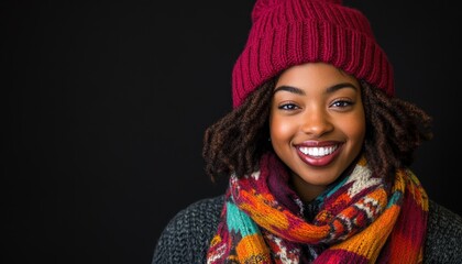 Young adult woman wearing vibrant winter attire smiles warmly against a dark background