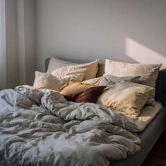 unmade bed with crumpled linen bedding and soft morning sunlight in minimal neutral bedroom interior