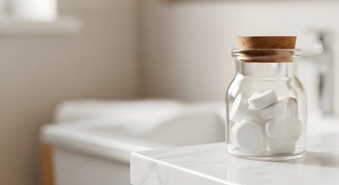 Glass jar with natural toothpaste tablets on a white marble bathroom counter for ecological zero waste oral hygiene concept and sustainable living