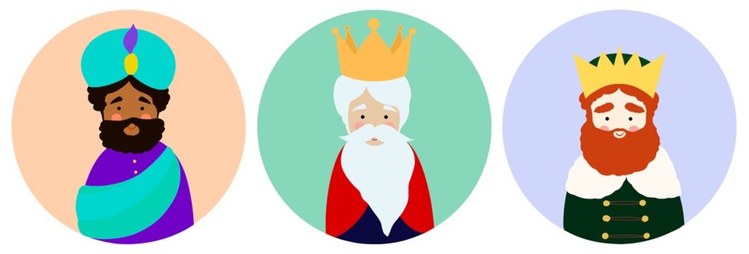 Three Wise Men Christmas Avatars &ndash; Cute Reyes Magos Illustration Set, isolated on white background