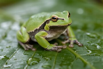 Naklejka premium Green tree frog resting on a dew-covered leaf