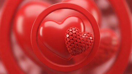 Red heart within a red circular frame with blurred hearts background love romance