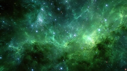 A vivid green cosmic nebula with countless stars and interstellar dust.
