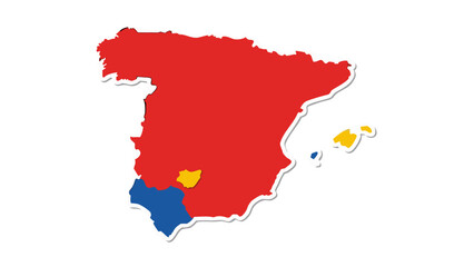 Obraz premium Map Of Spain Divided By Colors Red Blue Yellow With Outline On Black Background