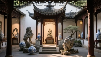 Traditional Chinese courtyard with pavilion, rock formations, and blue-and-white porcelain vases
