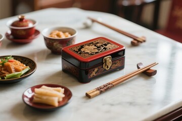 Traditional Asian meal setup with decorative lacquer box, chopsticks, and assorted dishes on a marble table