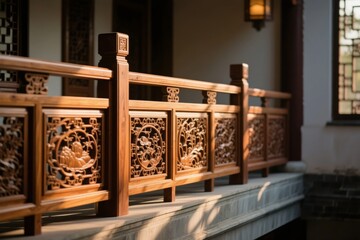 Intricately carved wooden railing with traditional patterns in a classical architectural setting