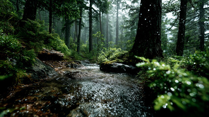 Fototapeta premium Rain Falling on Forest Stream