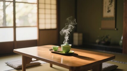 Steaming green tea cup on a wooden table in a traditional Japanese room with shoji screens and tatami flooring
