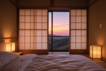 Traditional Japanese bedroom with sliding shoji screens and a view of a sunset over a coastal landscape