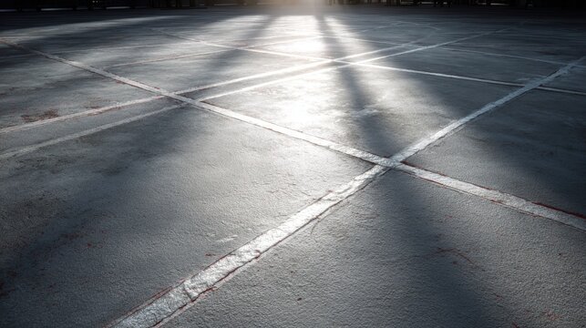 Sunlight Symphony: The interplay of sunlight and shadow dances across a stark concrete surface, accentuated by crisp white lines, creating a minimalist yet striking visual narrative.