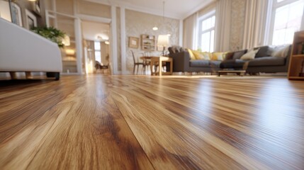 Close-up of modern wooden laminate flooring in a sunlit living room interior