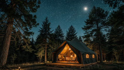 Glamping tent glowing warmly in the forest at night, beneath a bright moon and starry sky. A tranquil, cozy camping getaway, perfect for nature lovers and World Tourism Day celebrations.