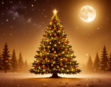 森の中の大きなクリスマスツリーのイラスト-Christmas / winter / large Christmas tree / in the forest / illustration style / Generated image-