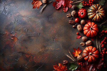 Autumn border featuring pumpkins, leaves, nuts, and wheat against a brown background with copy space